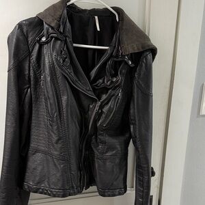 Free People Black Feaux Leather Jacket with Removable Hood